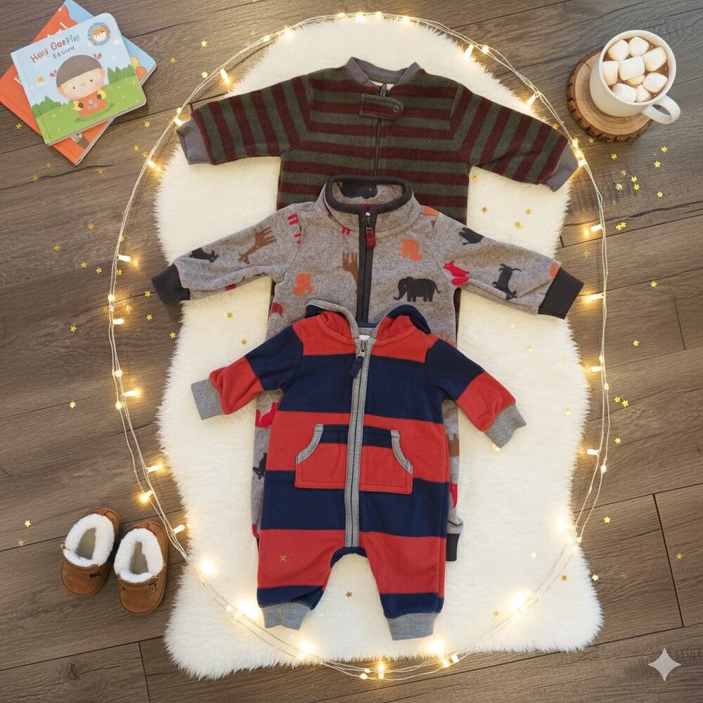 Lot of 3 Baby Fleece Romper Jumpsuit Newborn 0-3M One Piece Winter Cozy